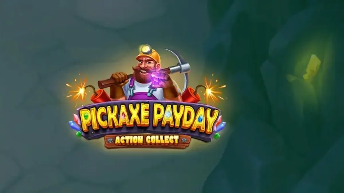 Tampilan visual slot Pickaxe Payday dengan tema penambang kartun dan dinamit