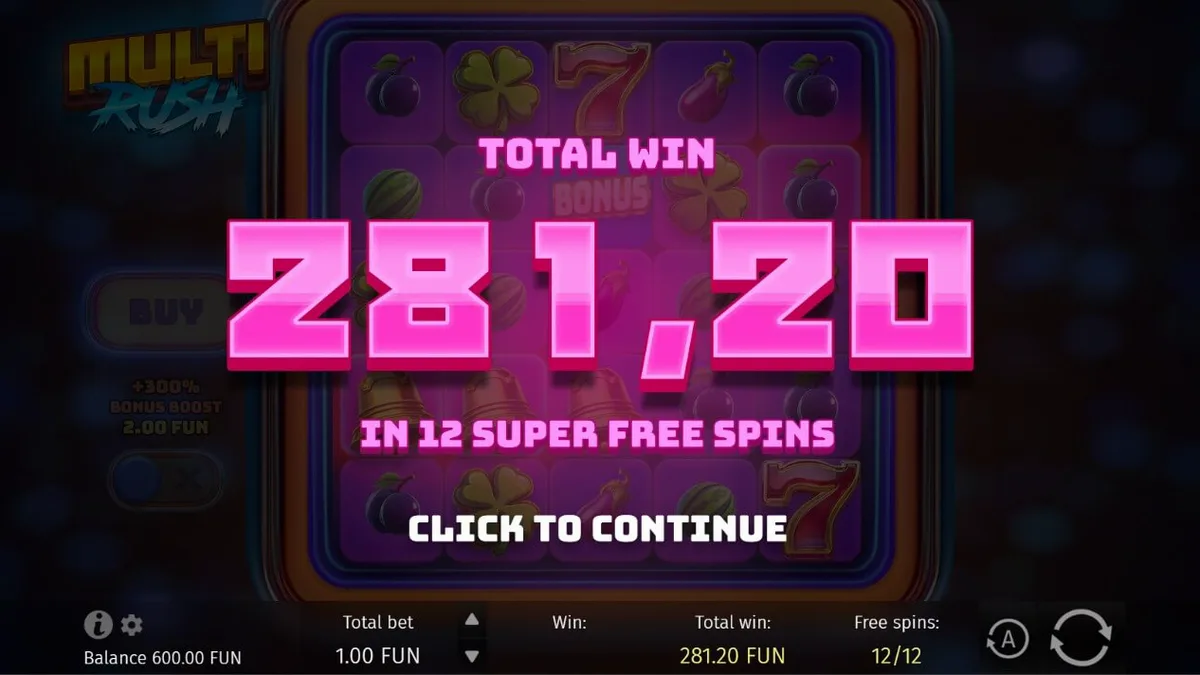 Tampilan visual slot Multi Rush dengan tema neon retro dan simbol buah-buahan klasik